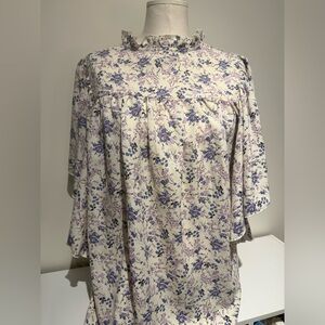 bishop + young Floral Ruffle Blouse - Purple and Cream